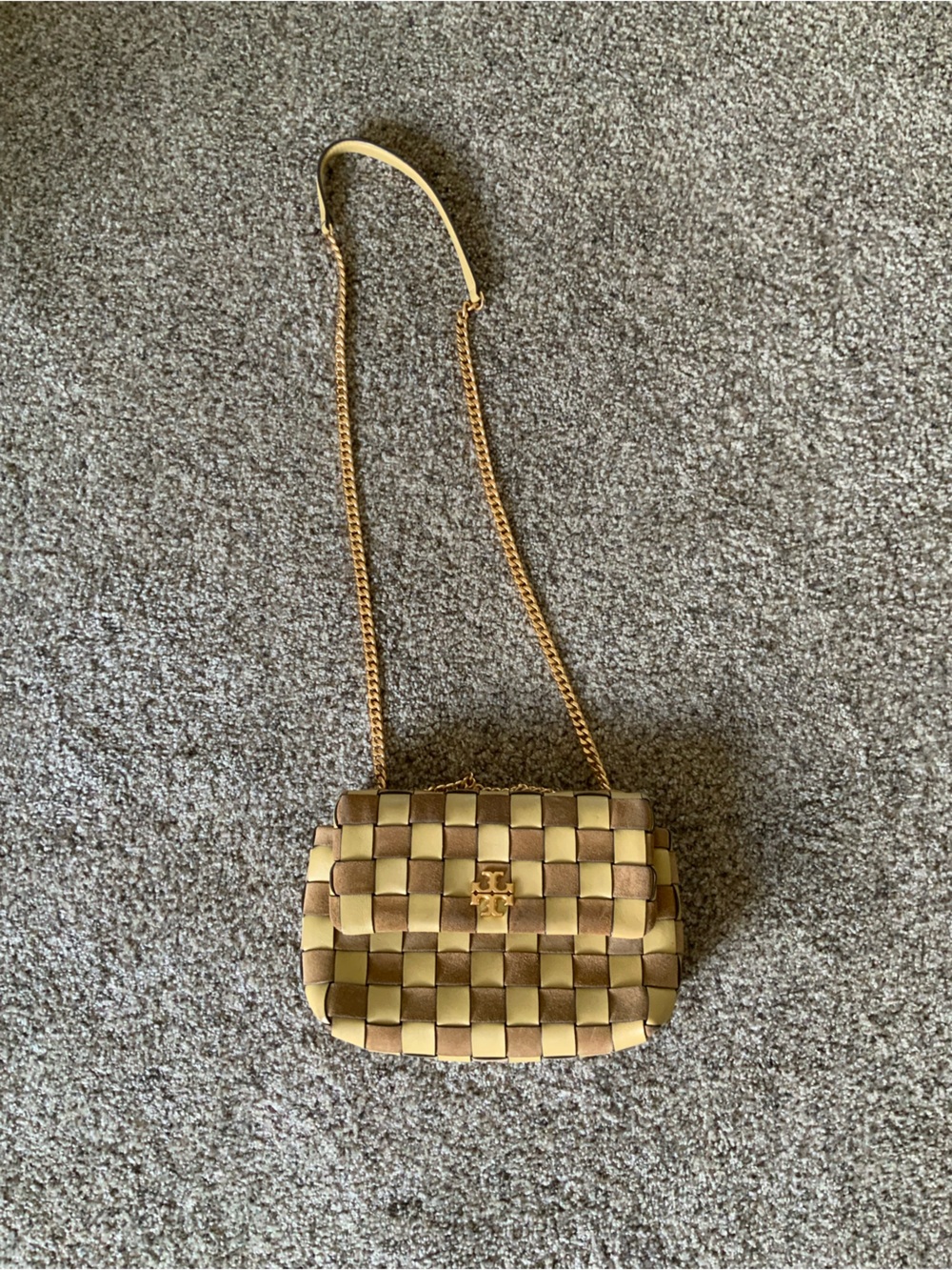Tory Burch Cream and Tan Woven Checker Mini Crossbody with Gold Chain
